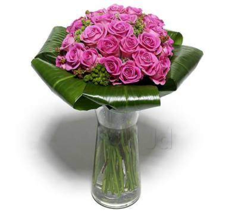 Vase with 30 Purple Roses , with folded green leaves