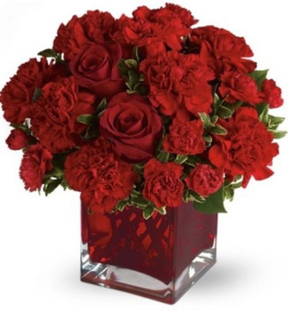 Vase with 10 Red Carnations & 5 Red Roses