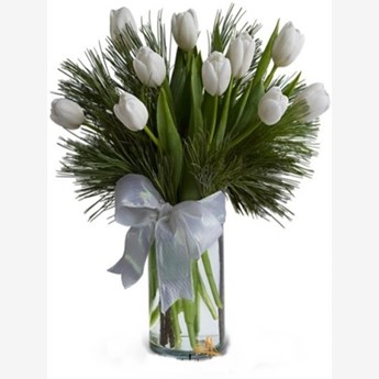 Vase with 10 Stems of White Tulips