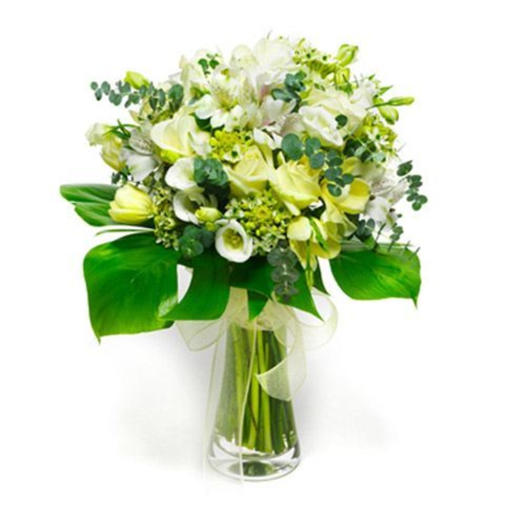 Vase with 10 White Cala Lilies , 10 White Roses & 5 White Cyrsanthimums