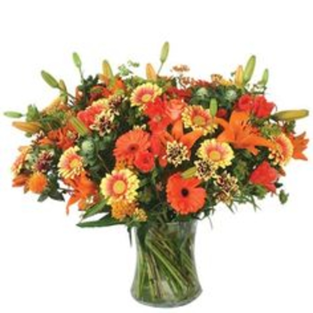 Vase with 10 Orange Lilies , 10 Orange Gerberas , 10 Yellow Gerberas & Crysanthimums