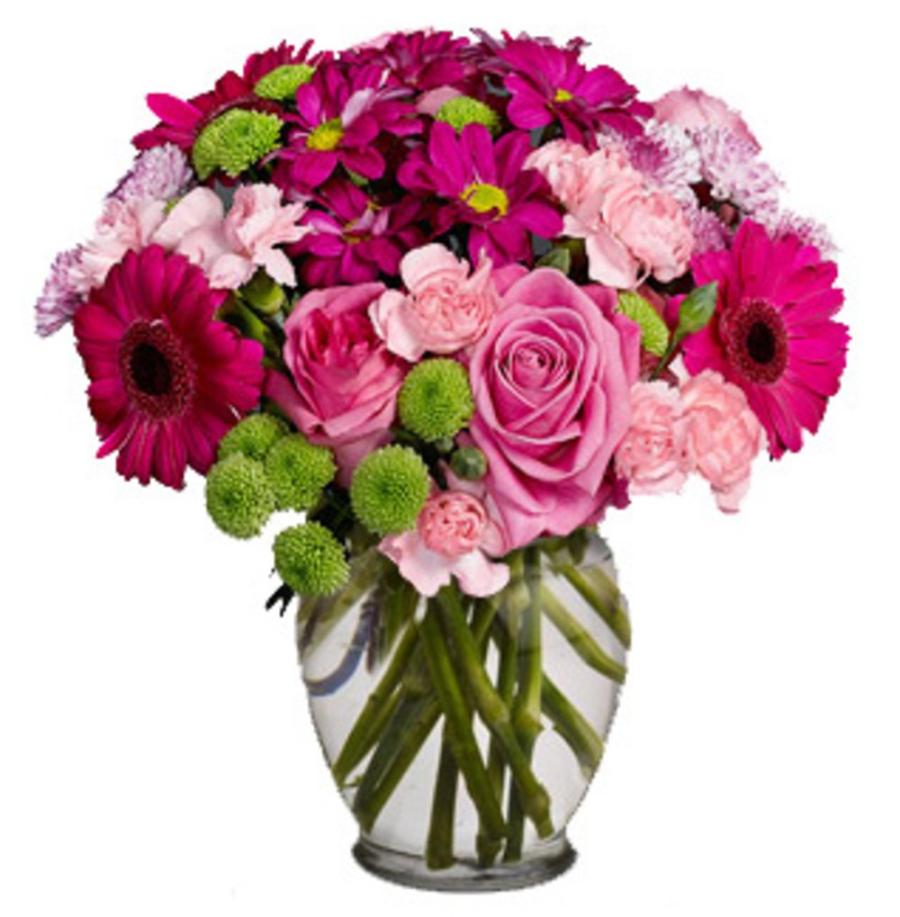 Vase with 6 Pink Roses , 6 Pink Carnations & 6 pink Gerberas