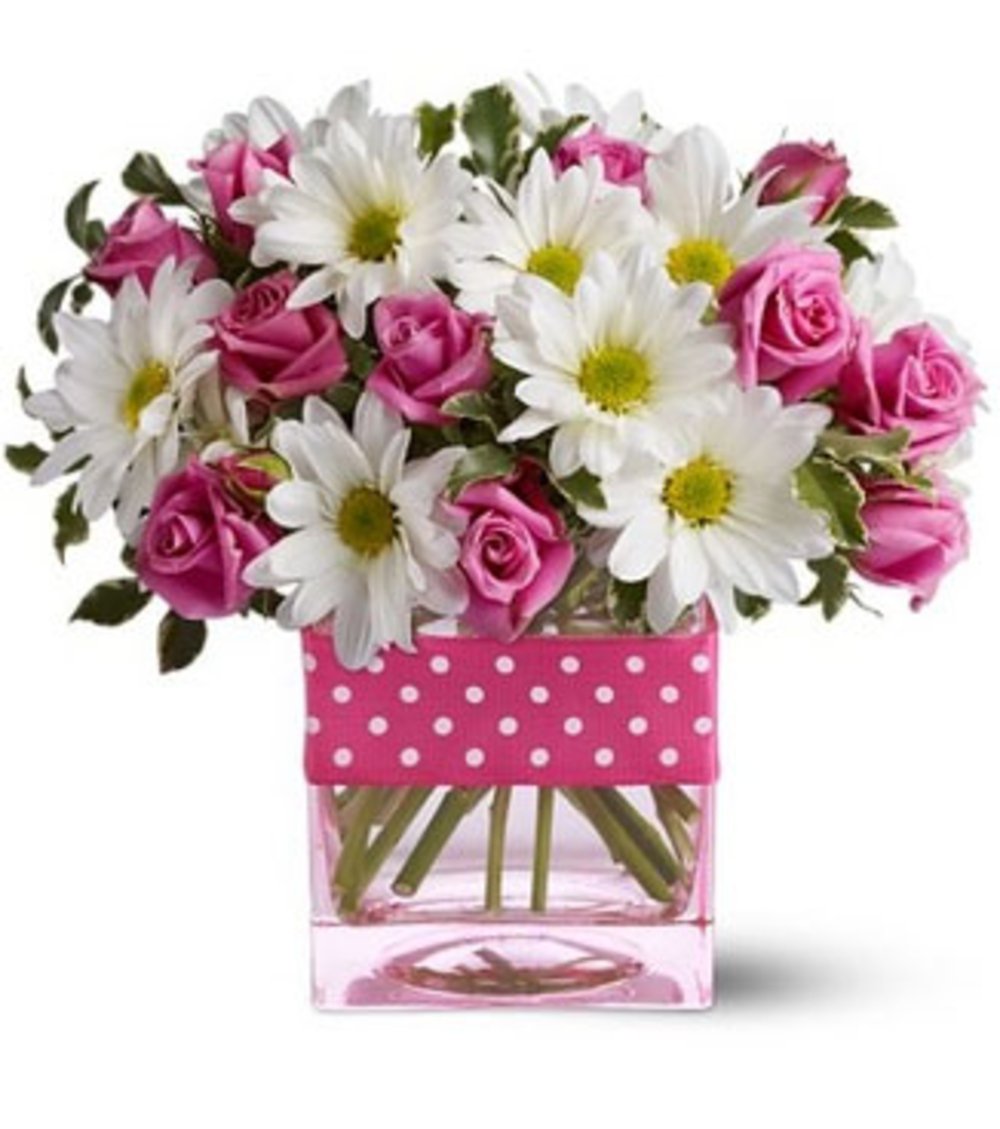Vase with 10 Stems Of Pink Roses & 5 Stems of White Chrysanthemums